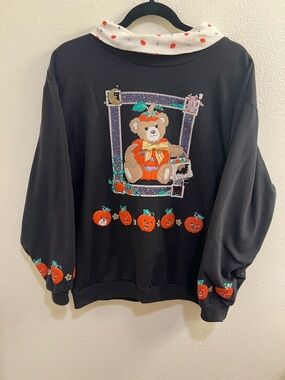 Vintage Spumoni Halloween Collared Sweatshirt Teddy Bear Jack O Lantern Large